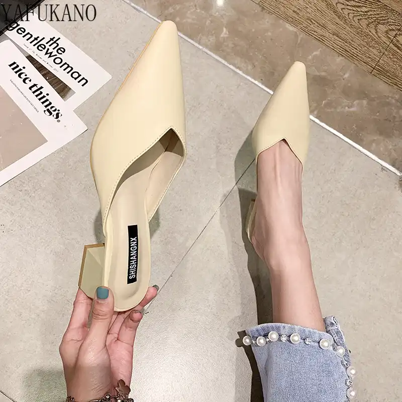 21 Summer Elegant Women Slippers Beige Blue Pointed Toe Mules Shoes Chunky Heel 4 5cm High Heels Outdoors Beach Casual Slides Slippers Aliexpress