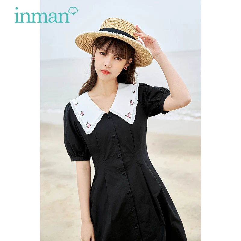 

INMAN Vintage Style One-Piece Summer Elegant Artsy Lantern Sleeve Front Drape Button Up Turn Down Flower Embroidery Collar Dress