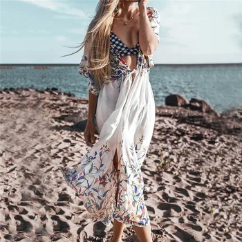 

Swimsuit Cover Up Beach Pareo For The Swimsuits Dress Plus Size Tunics High Waist Drawstring Upper Garment Cotton Print
