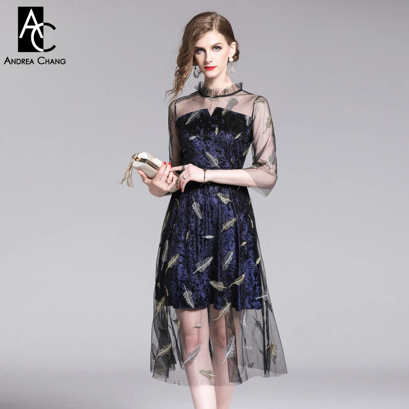 

S-XXL spring summer woman dress leaf pattern embroidery dark blue dress 3/4 sleeve calf length stand collar sheer tulle dress