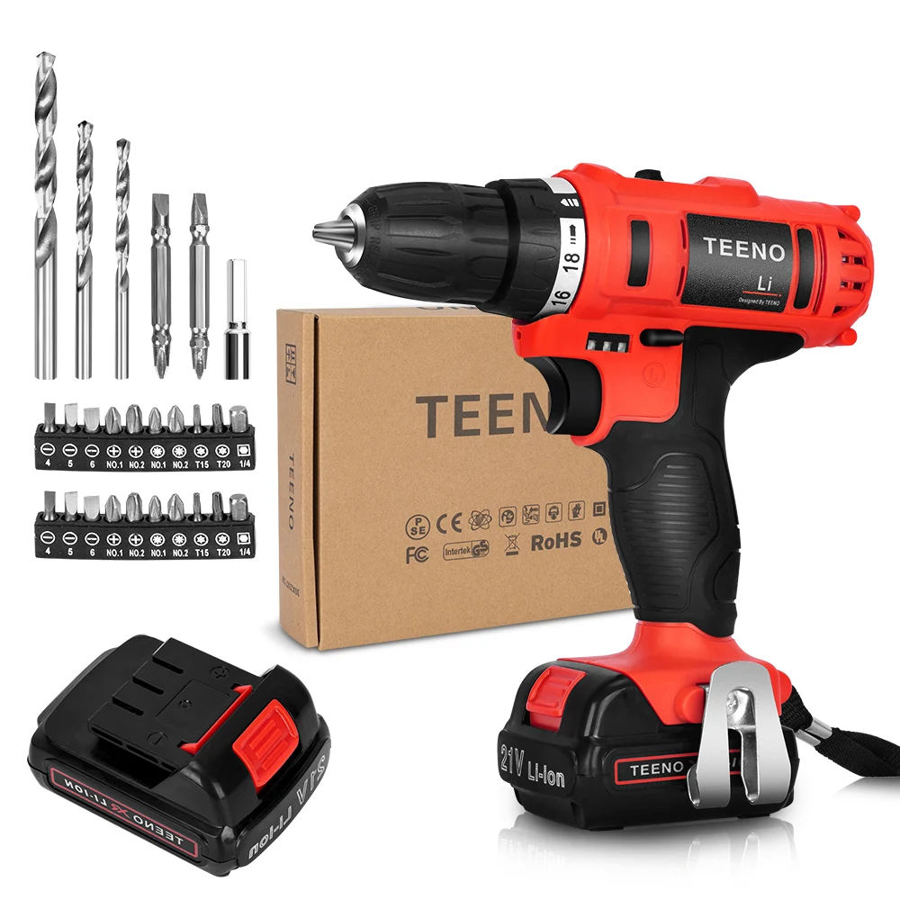 

Light Weight TEENO Electric Cordless Drill Screwdriver Power Driver 21Volt DC Lithium-Ion Battery 40N.m Two-Speeds