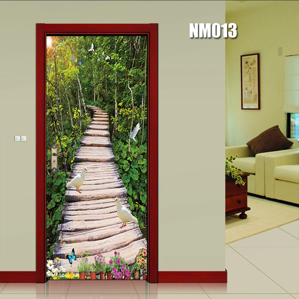 Винтажный резной нефритовый узор, дверная Фреска, имитация пейзажа, наклейка на стену, самоклеющаяся виниловая Съемная дверная настенная наклейка, домашний декор - Цвет: NM013