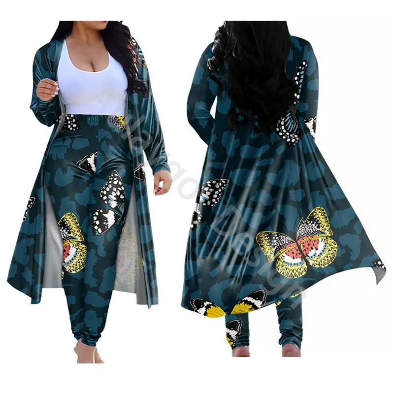 

2 Piece Women Set 2020 New Butterfly Print Elastic Pants Rock Style Suit For Lady Coat And Leggings 2pcs/set Ensemble Femme