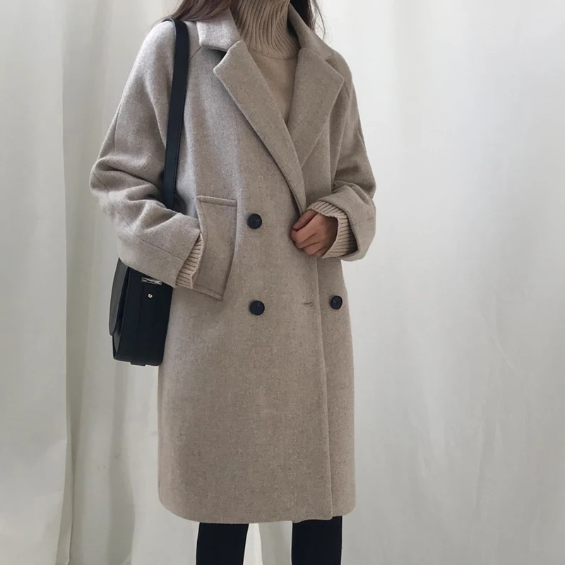 Korean large size loose long hair woolen coat was thin new double-breasted plus cotton thickening student female long coat