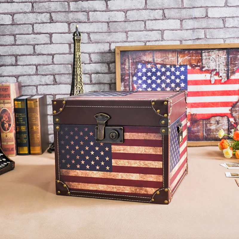 

European Style Retro Wooden Box Map Leather Storage Treasure Chest Creative Crafts Showcase Decoration Manufacturers Wholesale