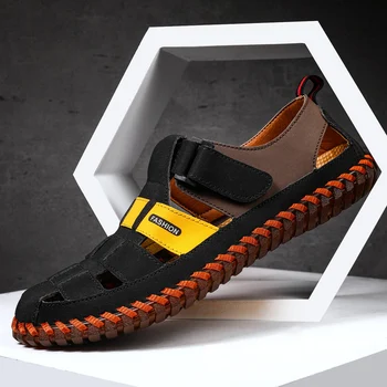

Summer Outdoor Men Sandals Hand Made Big Size Shoe For ManTop Quality Mens Trekking Sandals Hook & Loop Men Flats Casual Sandals