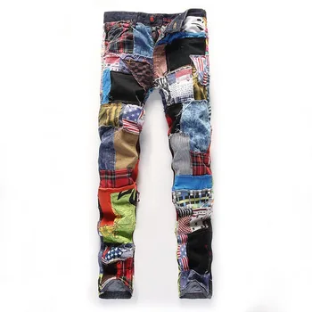 

Men Long Pants Fashion Patchwork Stitching Denim Trousers Slim Fit Casual Jeans for Spring KS-shipping
