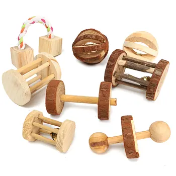 

Cute Natural Wooden Rabbits Toys Pine Dumbells Unicycle Bell Roller Chew Toys for Guinea Pigs Rat Small Pet Molars Supplies