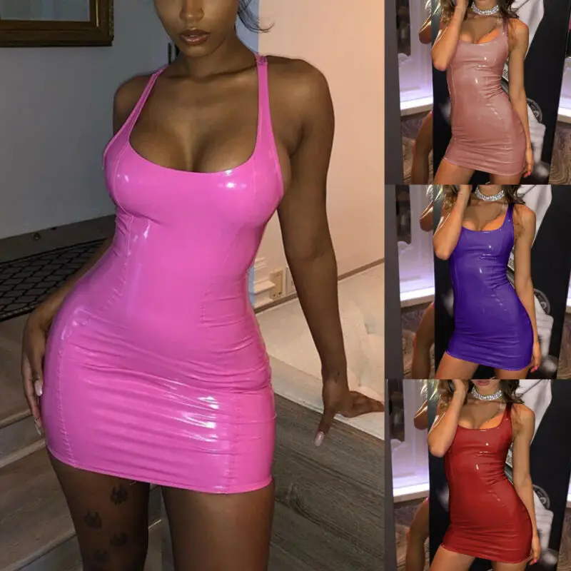 

2020 US Women Solid Color Sexy PU Leather Sleeveless Sheath Evening Party Club Skirt V Neck Mini Bodycon Dress Red Purple S-XL