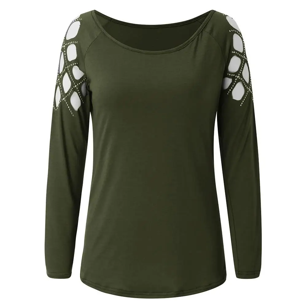 army green Женские черные топы для отдыха размера плюс 4xl 5xl с жемчужинами и бусинами, женская футболка с длинным рукавом и круглым вырезом, осенняя повседневная женская футболка - Цвет: army green