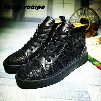 

High-quality Cowhide Trend Men Shoes High-top Rhinestone Flat Shoes Sequins Rivets Ladies Shoes Bling Fashion Couple Board Shoes