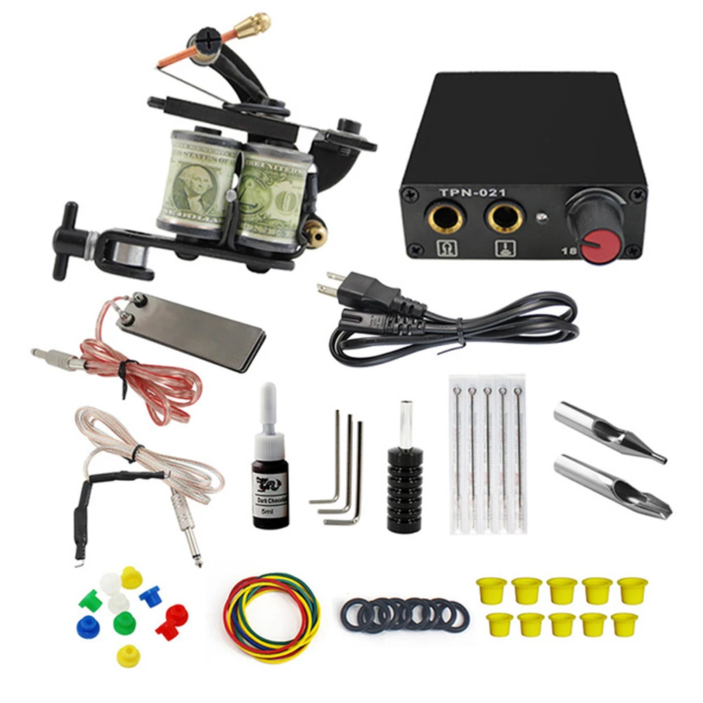 

Hot Complete Tattoo Machine Kit Set 2 Coils Guns 5 Colors Black Pigment Sets Power Tattoo Beginner Grips Kits Permanent Makeup