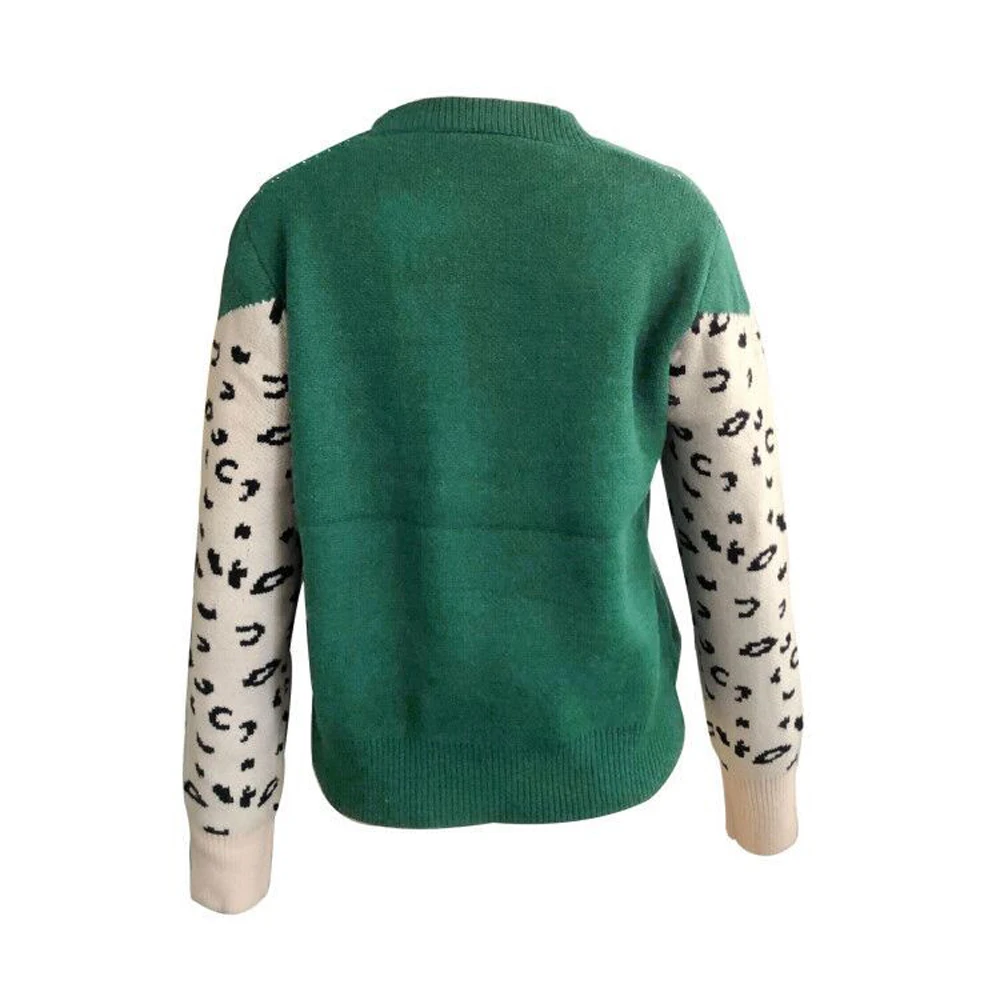 Повседневный вязаный свитер с леопардовым принтом, Женский пуловер с круглым вырезом и длинным рукавом, осенний зимний свитер, уличная одежда, топы, джемпер