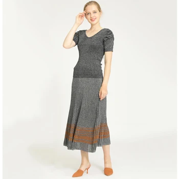 

2020 summer Long style Sweater dress fashion Over knee Long style Sweater long skirt Pullover knitted top skirt Two-piece set