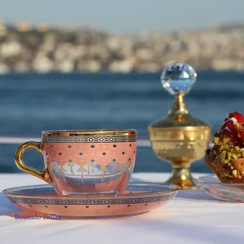 

Gold Glass Turkish Coffee Cup and Saucer Ethiopia Mini Dessert Tea Cups Arabic Clear Colorful for Girl Taza Cafe Kitchen AF50BD