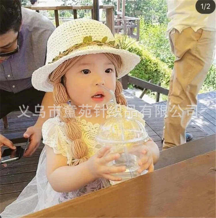 Spring Summer Baby Kids Girl Sun Block Hat Beach Hair Pigtail Braid Wig Cap Children Girls Flower Straw Hat Cap New Arrivals