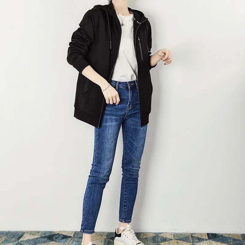 

2019 Spring Men And Women Celebrity Style Black And Gray Two-color Sports Cardigan Hooded Solid Color Slim Fit WOMEN'S Dress