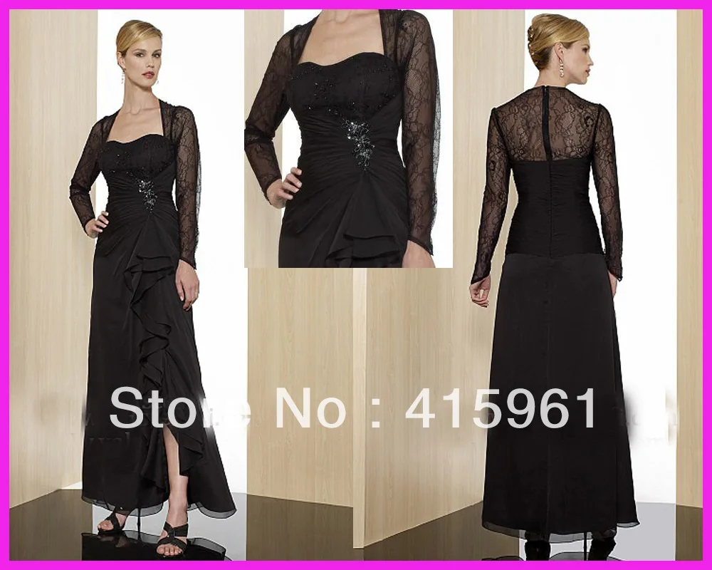 

vestidos de novia farsali 2019 vestido de madrinha Black Lace Long Sleeve Mother of the Bride Dresses Gowns Chiffon Ankle Length