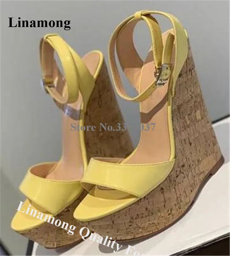 

Linamong Women Summer Fashion Open Toe High Platform Wedge Sandals Yellow Black Ankle Strap Wedges Height increased Dress Heels