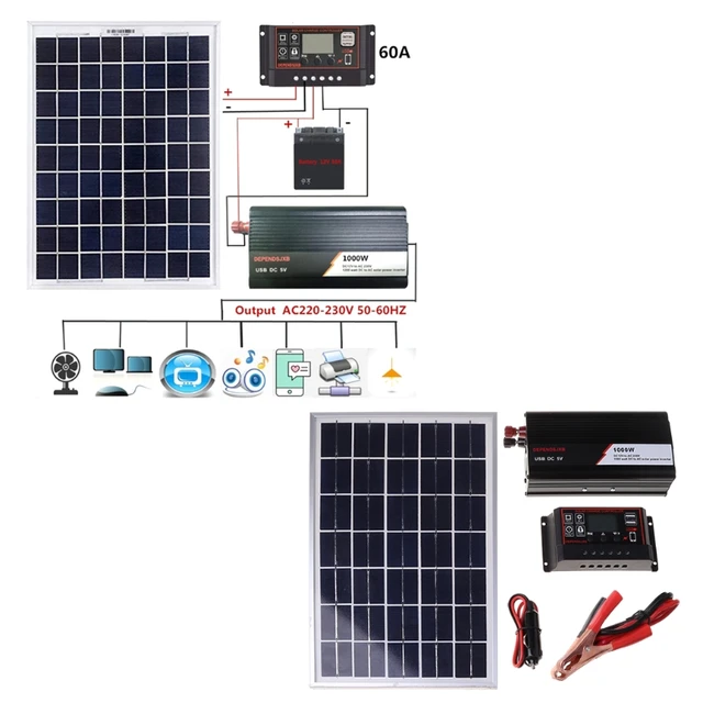 18V 20W Solar Panel Power System + 12V / 24V Digital Controller + 1000W Inverter Kit for Outdoor Home Energy Saving R9JC 1