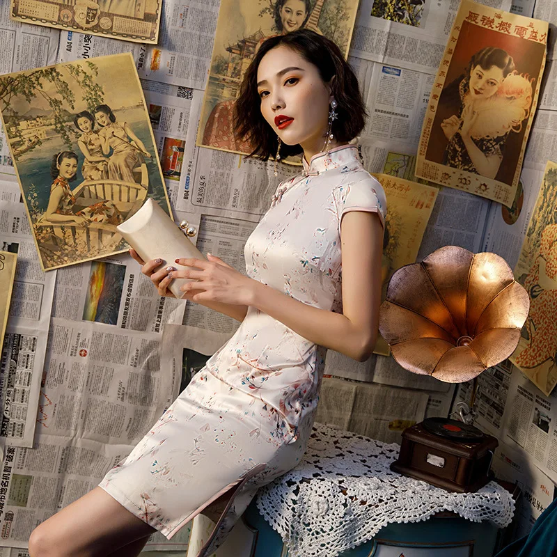 Hot Sale Ladies Print Satin Cheongsam Chinese Style Short Qipao Summer Formal Dress Novelty National Dress S-3XL
