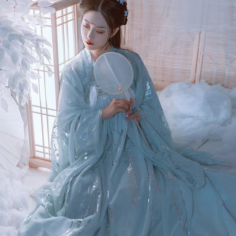 Female Traditional Hanfu Blue Chinese Style Dress Adult Undergarment Wide Sleeve Cardigan Tops Fairy Elegant Carnival Party