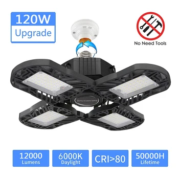 

Aluminum LED Garage Light 120W Upgrade 4 Panels 12000LM Deformable E27 Ceiling Lighting, Adjustable 6000K LED Commercial Light