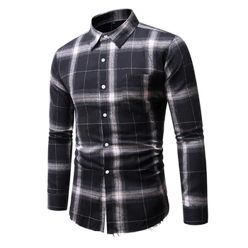 

Social Shirt Plaid Print Long Sleeve Thin Section Blouse Male Fashion Wild Lapel Loose Shirts New Arrival White Black