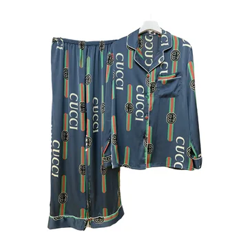 

Pajamas Couple Spring Autumn Ice Silk Fabric Long-sleeved Casual Comfortable Plain Weave Polyester Breathable Homewear Sleep