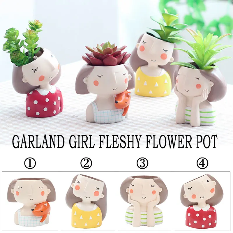 Resin Plant Pots Flower Planter Flowerpot Cute Girl Home Decor Office Vase Ornament Creative Statue