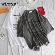 WLWXR Хлопковая женская белая негабаритная Футболка женская Свободная футболка с буквенным принтом и круглым вырезом Harajuku женская летняя футболка
