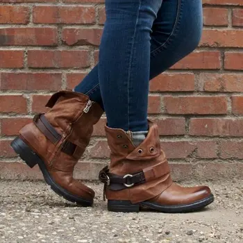 

New Boots Ankle Autumn Winter Non-slip Flat Shoes Vintage Sexy Puck PU Leather Retro Buckle Ladies Snow Boots Zapatos De Mujer