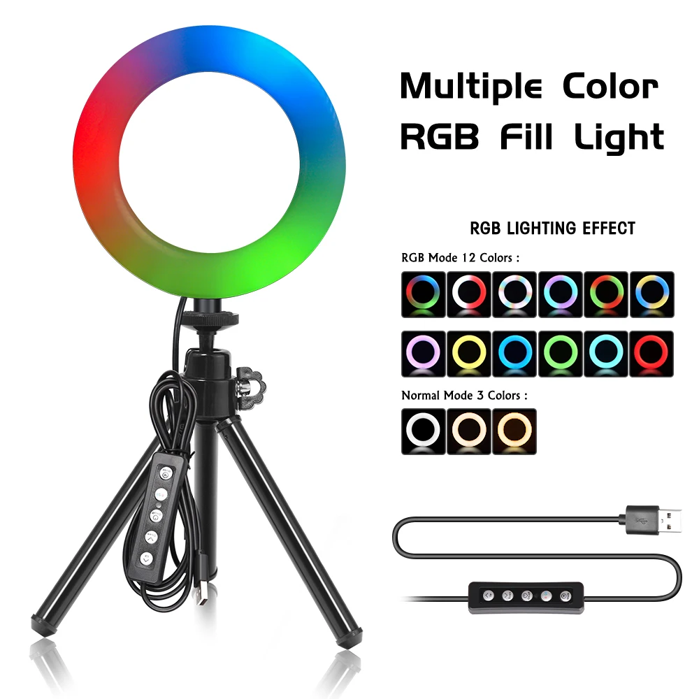 라이브 스트림/메이크업/유튜브/사진/비디오 녹화용 삼각대 스탠드 포함 6 인치 셀카 RGB LED 링 라이트 3000-6500K