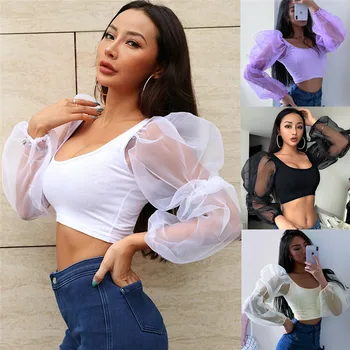 

Summer Retro Women Ladies Mesh Sleeve Crop Tops Summer Arrival Puff Sleeve Low-cut Skinny Blouses Women Pullover Shirts