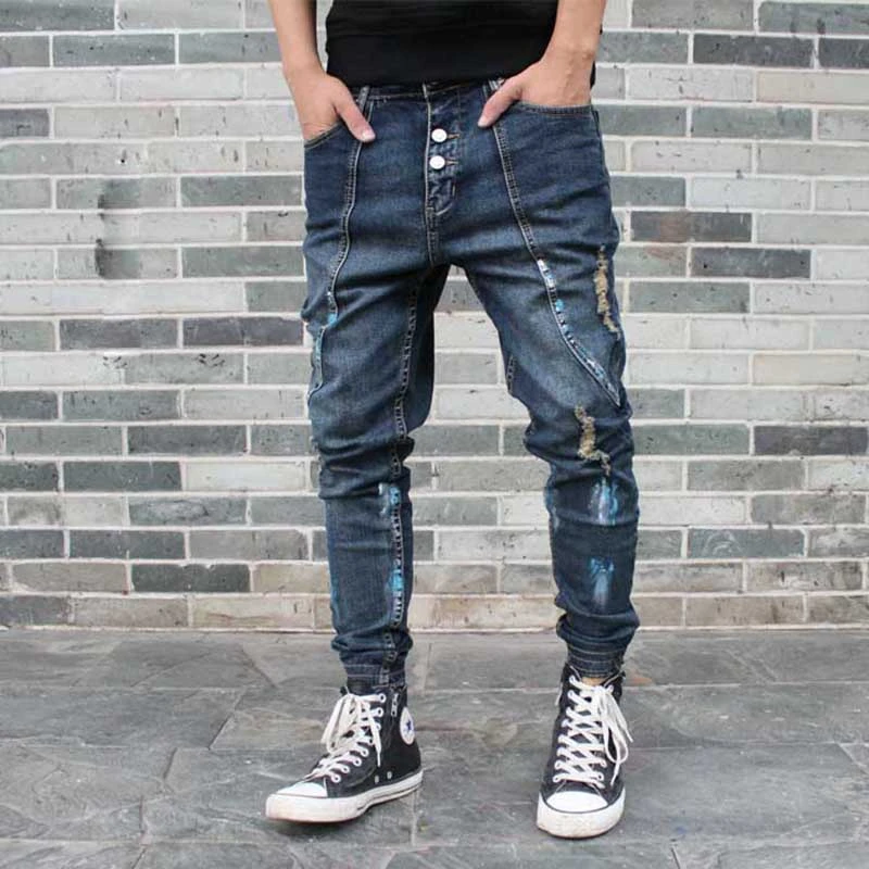 De moda harem rotos vaqueros casuales de los Patchwork Slim pantalones Hip Hop apenado Denim Pantalones entrepierna ropa de hombre|Pantalones vaqueros| - AliExpress