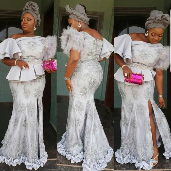 Aso Ebi стильные платья для выпускного вечера, белое платье русалки с оборками и аппликацией с Боковым Разрезом на одно плечо размера плюс, вечерние длинные платья