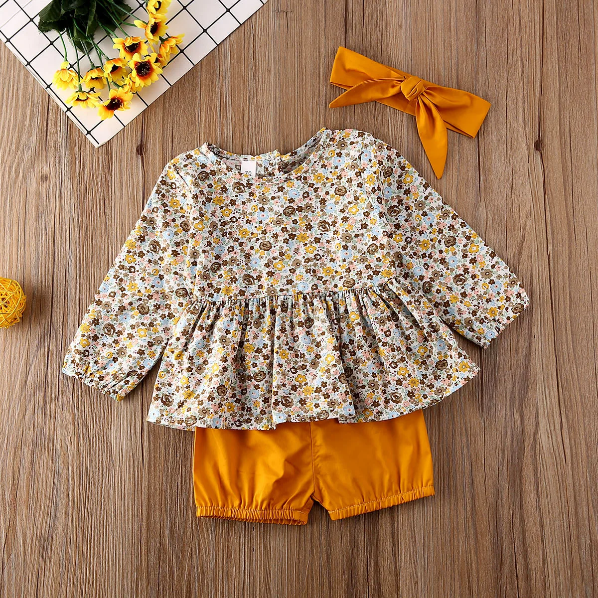 Многоцветный Emmababy, 3 предмета, для новорожденных, для маленьких девочек, с цветочным принтом, топы с длинными рукавами, платье+ однотонные короткие штаны, одежда - Цвет: Многоцветный
