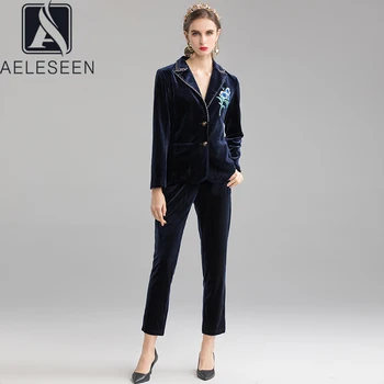

AELESEEN New Fashion European Office Lady Twinset Floral Applique Luxury Diamonds Collar 2020 Spring High Quality Velvet Suit