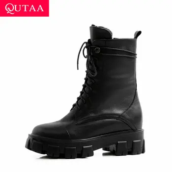 

QUTAA 2021 Platform Plush Mid Calf Boots Lace Up Zipper Round Toe Women Shoes Cow Leather Square Heel Short Boots Size 34-43