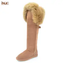 INOE модные сапоги из замши с натуральным лисьим мехом сапоги с пряжкой выше колена длинные зимние сапоги женская зимняя обувь; зимние сапоги из коровьей замши ботфорты зимние из натурального меха на плоской подошве