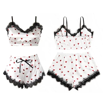 

New Sexy Lingerie Bra Set Women'S Heart Print Lace Satin Lingerie Pajamas