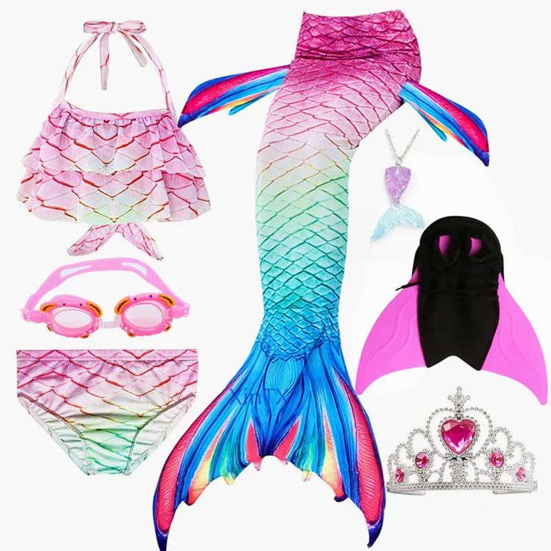 7pcs as picture show Для девочек, детский купальный костюм Русалочки, Моноласты, хвосты для купания ласты Купальный костюм для плавания бикини, купальный костюм с рисунком «маленькая русалочка» - Цвет: 7pcs as picture show