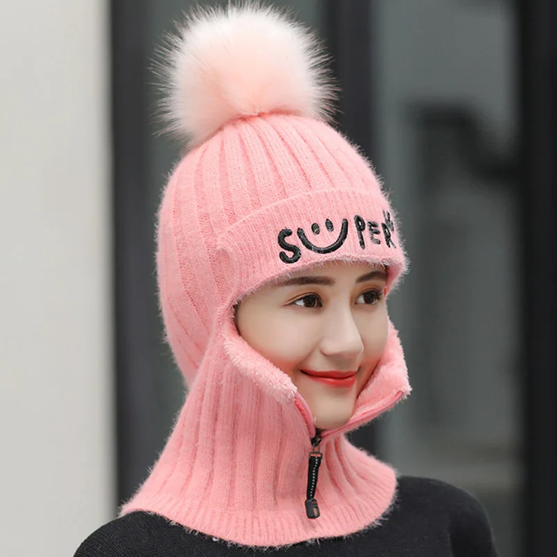 RUHAO/вязаная шапка для девочек, женская брендовая Высококачественная зимняя Лыжная шапка с кроличьим мехом, помпоны, шапки, вязаный шарф