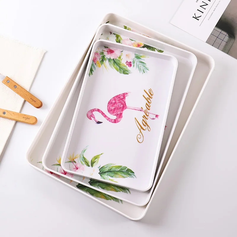 

Nordic Flamingo Tray Rectangular Imitation Porcelain Plate Household Simple Fruit Breakfast Plate Tea Cup Teapot Storage