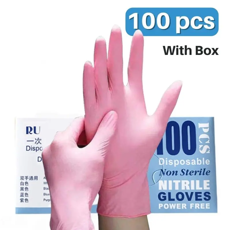 100pcs Reusable Pink Nitrile Gloves Latex Gloves Waterproof Cleaning Gloves For Household Garden