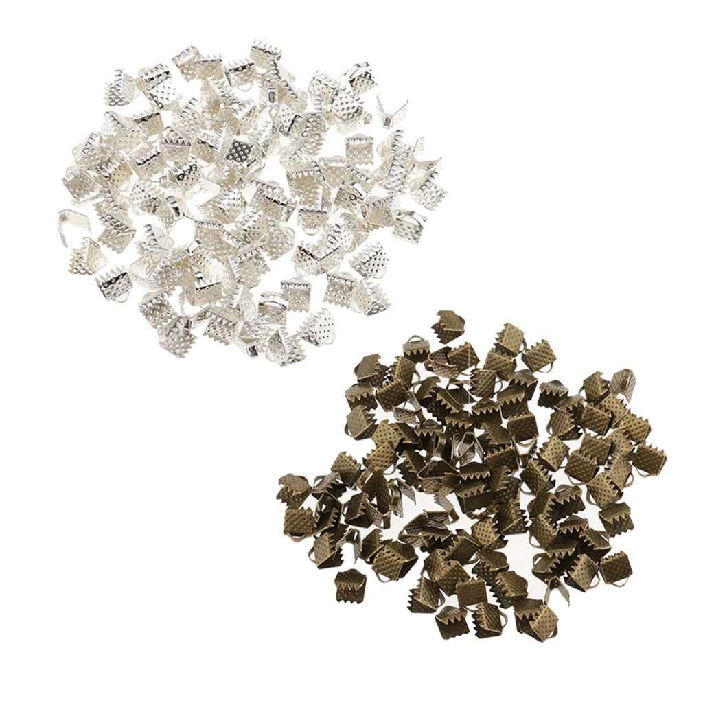 200 Pieces Silver and Bronze Crimp Clasps for DIY Necklace Choker Making Supplies, Flat Cord Ribbon Closure Findings, 0.24inch