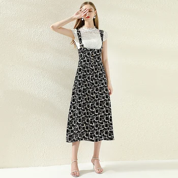 

Runway New Fashion High Quality 2020 Party Workplace Casual White Lace Tops Print Slim Strap Dress Elegant Two Piece Set Women'S