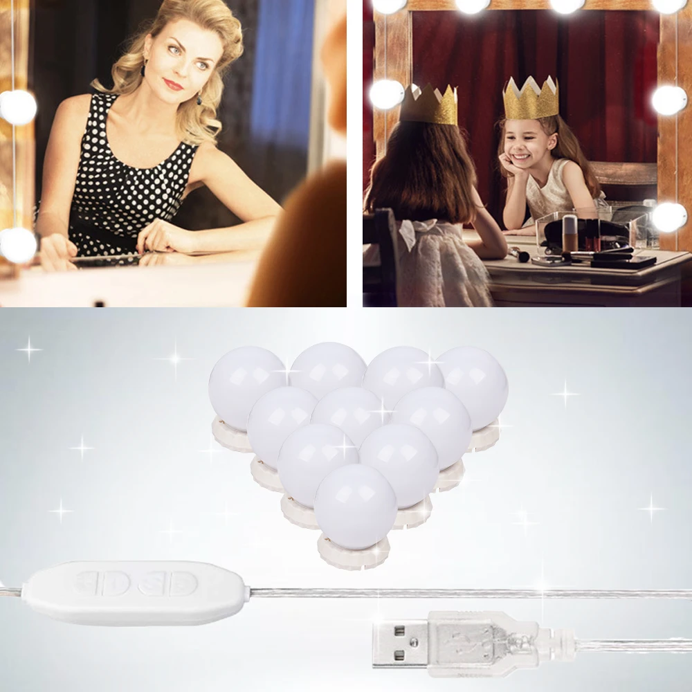 

10 pcs LED Light Bulbs Kit Vanity Makeup Mirror 3 Colors Brightness Adjustable Lighted USB Charging Port Cosmetic Mirror Lights
