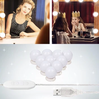 

10 pcs LED Light Bulbs Kit Vanity Makeup Mirror 3 Colors Brightness Adjustable Lighted USB Charging Port Cosmetic Mirror Lights