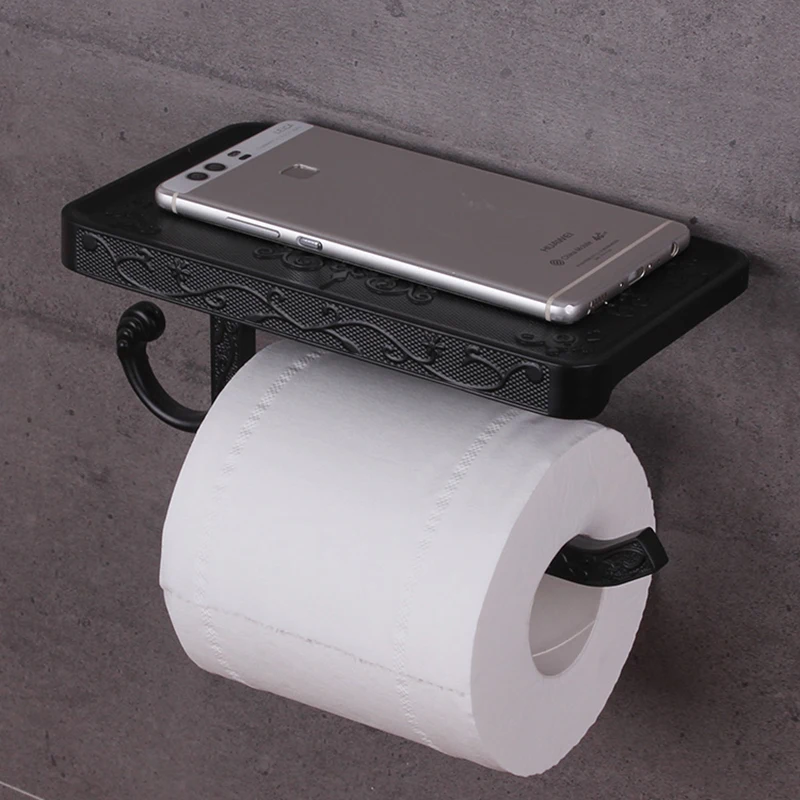 Toilet Paper Holder With Phone Shelf Storage Wall Mounted Antique Carved Retro Bathroom Hardware Vintage Roll Towel Hanging Rack